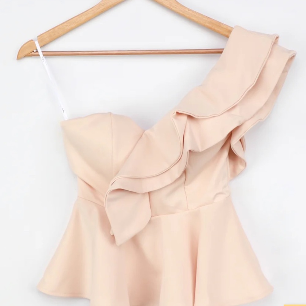 Lulus Beige One-Shoulder Ruffled Peplum Top - Picture 5 of 7